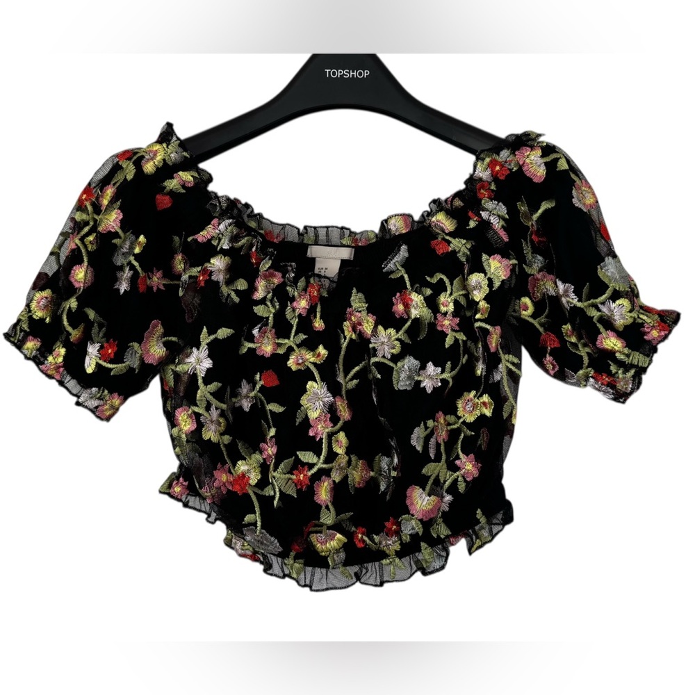 H&M Black Floral Embroidered Peasant Crop Top - Sz 8